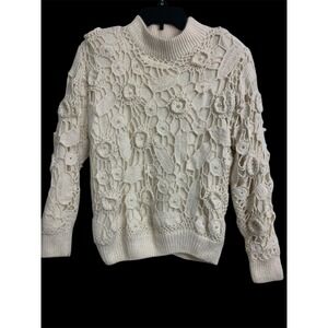 Vintage Gantos Cream Silk Angora Crochet Floral Pearl Beaded Sweater Small